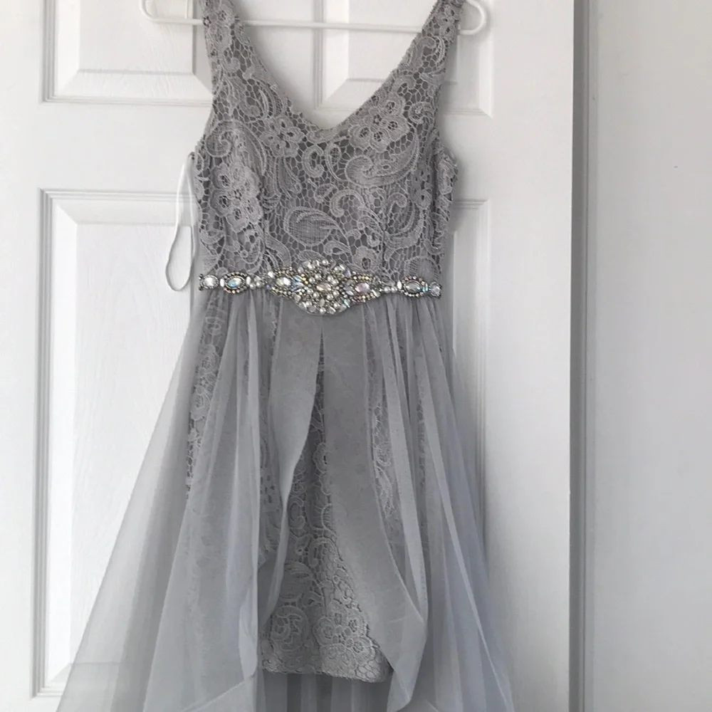 lace and beads grey dress GL2558 | Sheer Bodice Bead V-Back Ombre A-line Dress